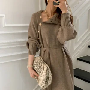 Women Elegant Solid Color Long Sleeves Bandage Autumn Winter Loose Turtle Neck Knitted Dress