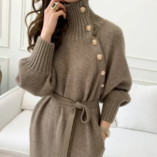 Women Elegant Solid Color Long Sleeves Bandage Autumn Winter Loose Turtle Neck Knitted Dress - Image 2