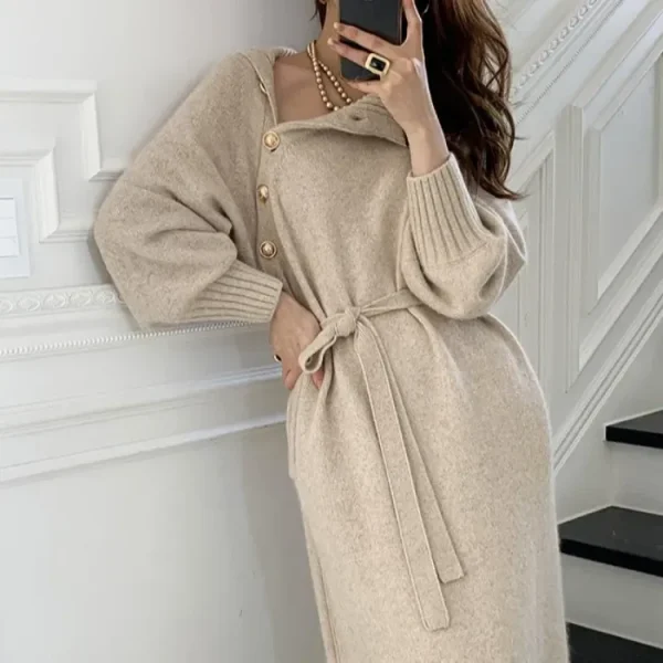 Women Elegant Solid Color Long Sleeves Bandage Autumn Winter Loose Turtle Neck Knitted Dress - Image 3