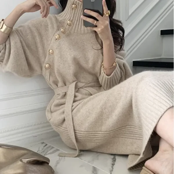Women Elegant Solid Color Long Sleeves Bandage Autumn Winter Loose Turtle Neck Knitted Dress - Image 4