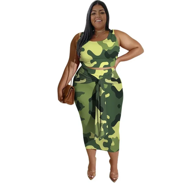 Fashion Plus Size Women Summer Vacation Camouflage Leaf Print Tank Top Knotted Skirt Two-Piece Set - Image 5