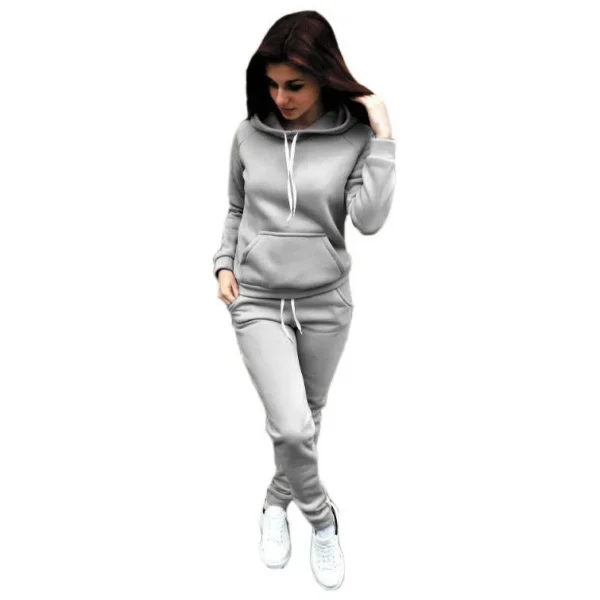 Women Fashion Cacsual Solid Color Pocket Hoodies Drawstring Defined Waist Pants Sports 2pcs Set - Image 6