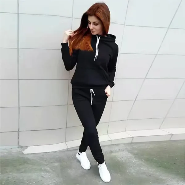 Women Fashion Cacsual Solid Color Pocket Hoodies Drawstring Defined Waist Pants Sports 2pcs Set - Image 7