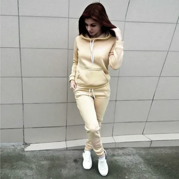 Women Fashion Cacsual Solid Color Pocket Hoodies Drawstring Defined Waist Pants Sports 2pcs Set - Image 8