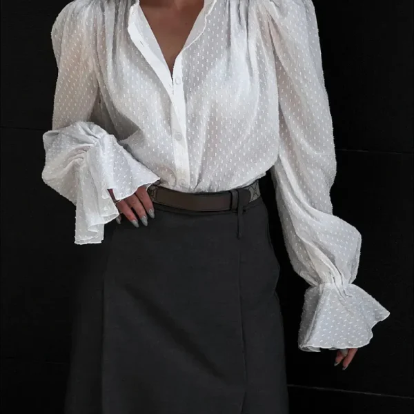 Women Puff Sleeve Office Chic Autumn Spring Jacquard Bubble Sleeve Shirt Blouse - Image 5