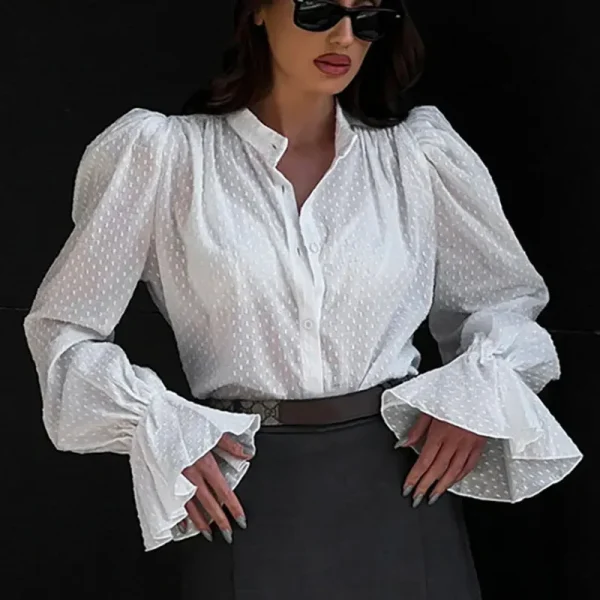 Women Puff Sleeve Office Chic Autumn Spring Jacquard Bubble Sleeve Shirt Blouse - Image 6
