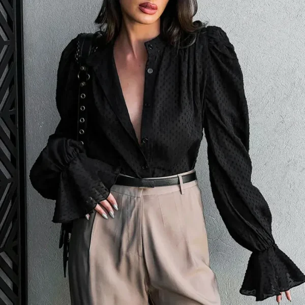Women Puff Sleeve Office Chic Autumn Spring Jacquard Bubble Sleeve Shirt Blouse - Image 8