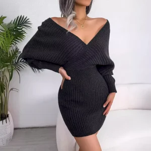 Autumn Winter Women Fashion Sexy V-Neck Long Sleeve Knitted Dress