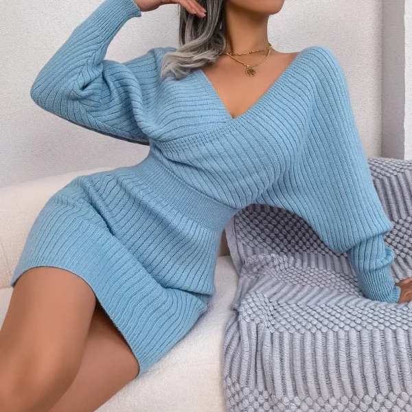 Autumn Winter Women Fashion Sexy V-Neck Long Sleeve Knitted Dress - Image 2