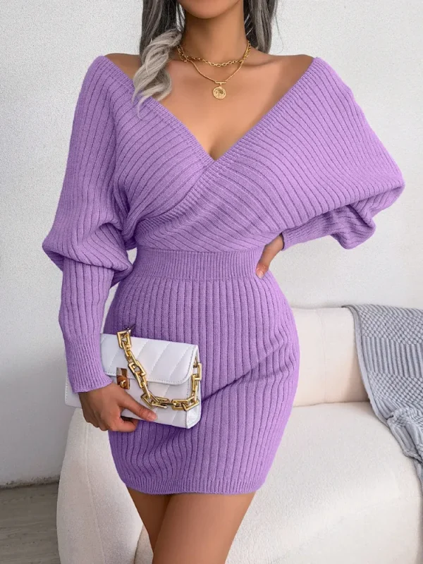 Autumn Winter Women Fashion Sexy V-Neck Long Sleeve Knitted Dress - Image 4