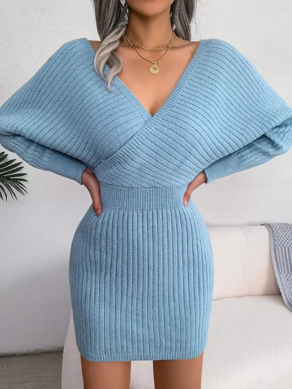 Autumn Winter Women Fashion Sexy V-Neck Long Sleeve Knitted Dress - Image 5