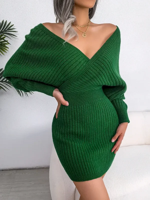 Autumn Winter Women Fashion Sexy V-Neck Long Sleeve Knitted Dress - Image 6