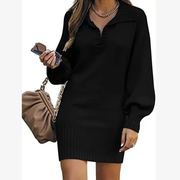 Autumn Winter Women Fashion Solid Color Lapel Long Sleeve Knitted Dress - Image 2