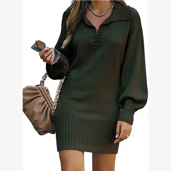 Autumn Winter Women Fashion Solid Color Lapel Long Sleeve Knitted Dress - Image 4
