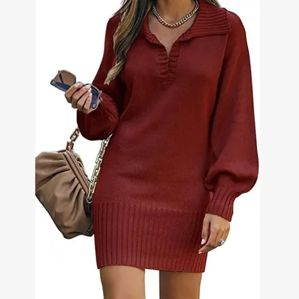 Autumn Winter Women Fashion Solid Color Lapel Long Sleeve Knitted Dress - Image 6
