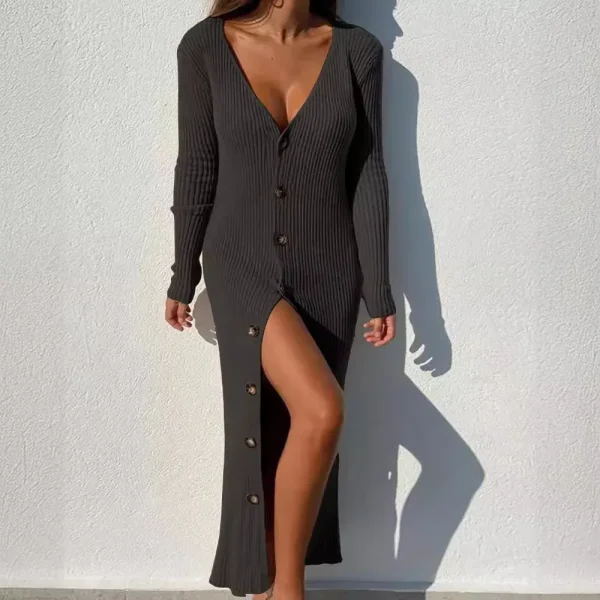 Autumn Winter Women Fashion Over Age Button Knitted Thread Long Sleeve Cardigan Dress