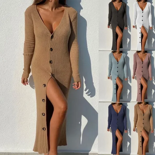 Autumn Winter Women Fashion Over Age Button Knitted Thread Long Sleeve Cardigan Dress - Image 2