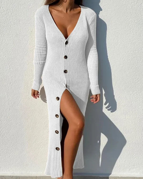 Autumn Winter Women Fashion Over Age Button Knitted Thread Long Sleeve Cardigan Dress - Image 4
