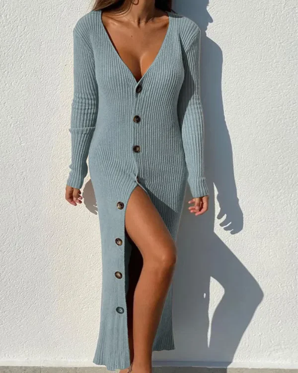 Autumn Winter Women Fashion Over Age Button Knitted Thread Long Sleeve Cardigan Dress - Image 5
