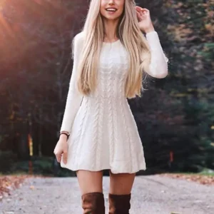 Autumn Winter Women Fashion Loose Round Neck Long Sleeve Knitted Dress