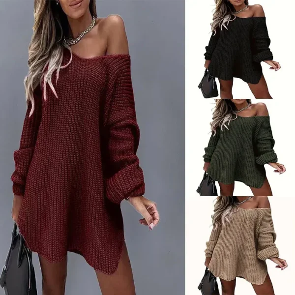 Autumn Winter Women Casual Loose Long-Sleeved Knitted Dress - Image 3