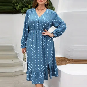 Summer Women Fashion Plus Size Polka Dot Print V-Neck Long Sleeve Dress