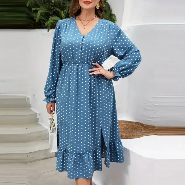 Summer Women Fashion Plus Size Polka Dot Print V-Neck Long Sleeve Dress