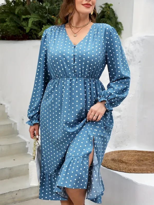 Summer Women Fashion Plus Size Polka Dot Print V-Neck Long Sleeve Dress - Image 2