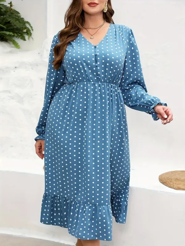 Summer Women Fashion Plus Size Polka Dot Print V-Neck Long Sleeve Dress - Image 3