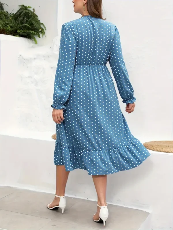 Summer Women Fashion Plus Size Polka Dot Print V-Neck Long Sleeve Dress - Image 4