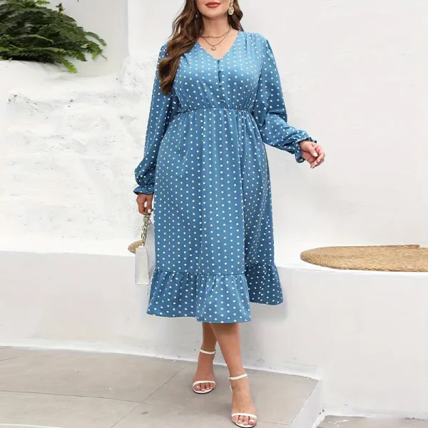 Summer Women Fashion Plus Size Polka Dot Print V-Neck Long Sleeve Dress - Image 5