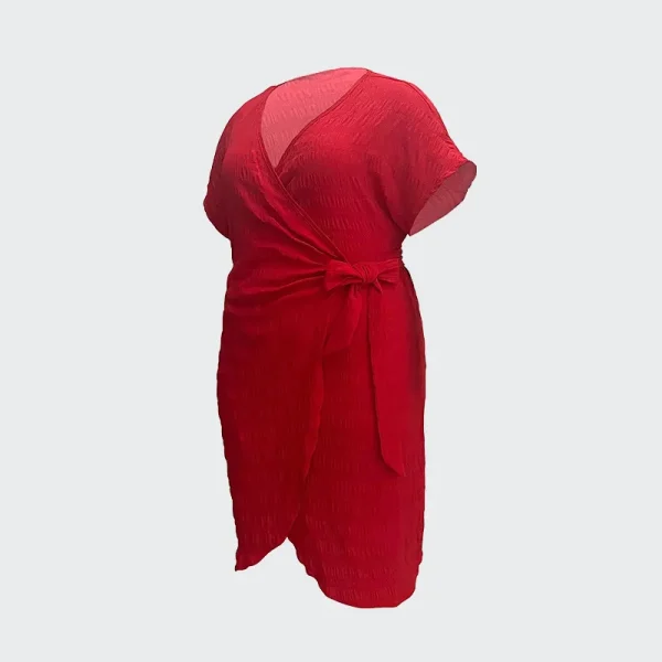 Summer Women Fashion Plus Size Solid Color V-Neck Lace-Up Short Sleeve Dress - Image 4