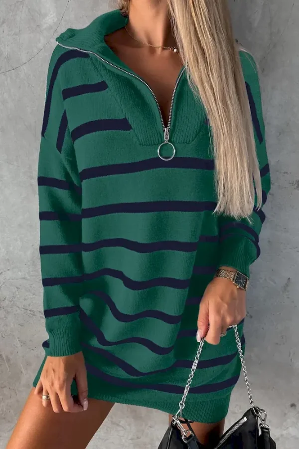 Autumn Winter Women Fashion V-Neck Zipper Stripe Printed Loose Knitted Long Sleeve Dress - Image 3