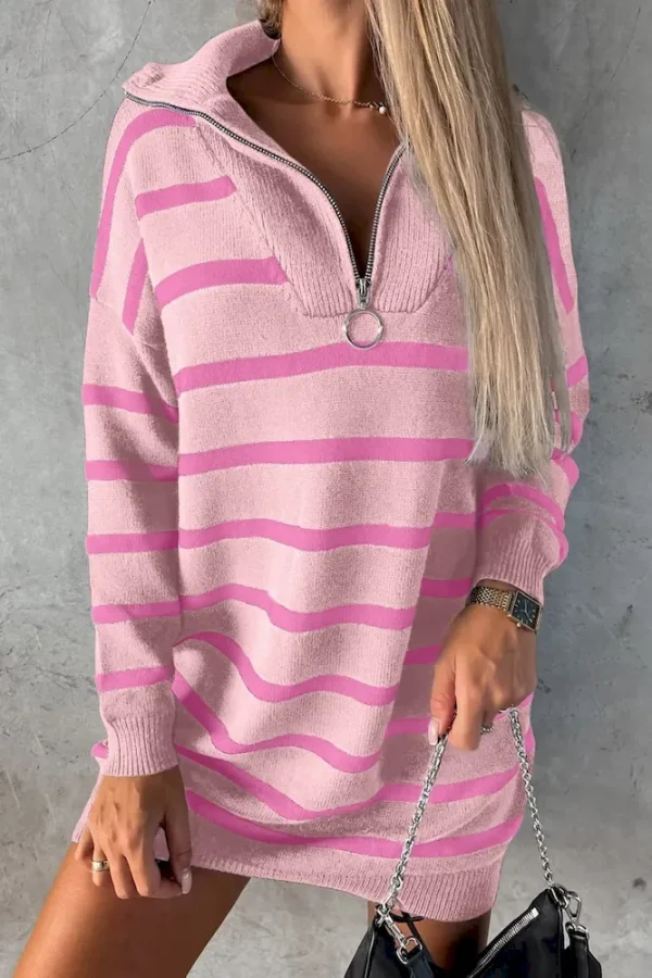 Autumn Winter Women Fashion V-Neck Zipper Stripe Printed Loose Knitted Long Sleeve Dress - Image 5