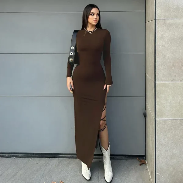 Women Fashion Sexy Solid Color Crewneck Long Sleeve Split Strap Dress - Image 2