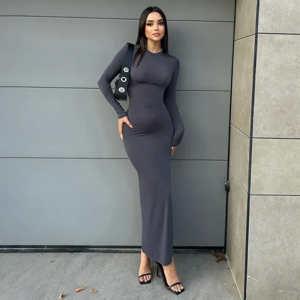 Women Fashion Sexy Solid Color Crewneck Long Sleeve Split Strap Dress - Image 4