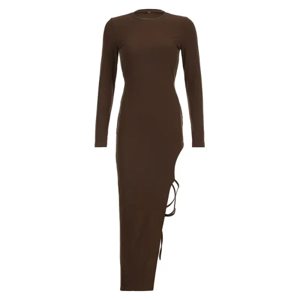 Women Fashion Sexy Solid Color Crewneck Long Sleeve Split Strap Dress - Image 6
