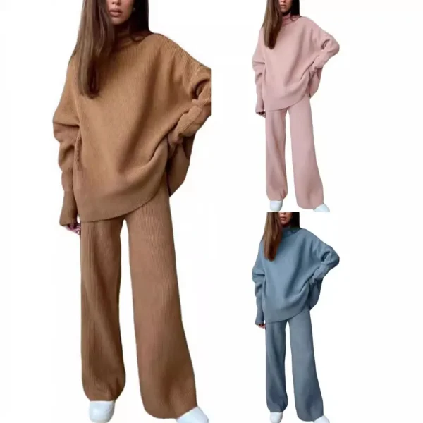 Women Fashion Loose Solid Color High Neck Knitted Long Sleeve Top Pants Two-Piece Set - Image 2