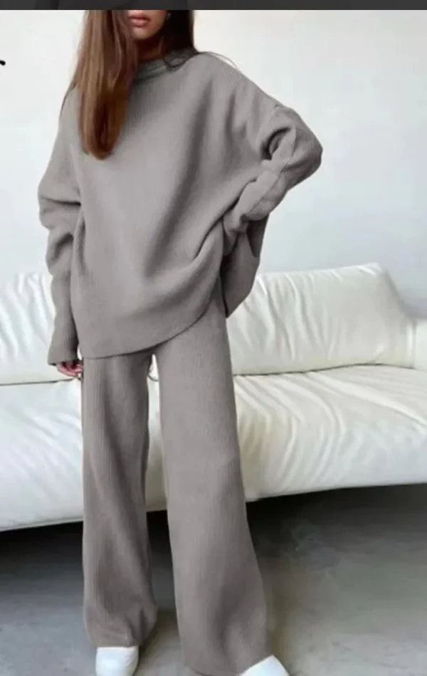 Women Fashion Loose Solid Color High Neck Knitted Long Sleeve Top Pants Two-Piece Set - Image 3