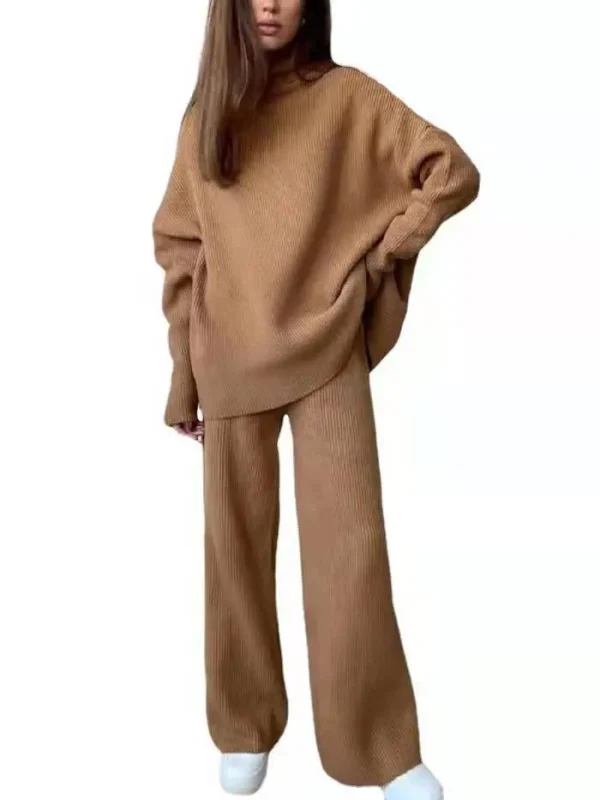 Women Fashion Loose Solid Color High Neck Knitted Long Sleeve Top Pants Two-Piece Set - Image 4