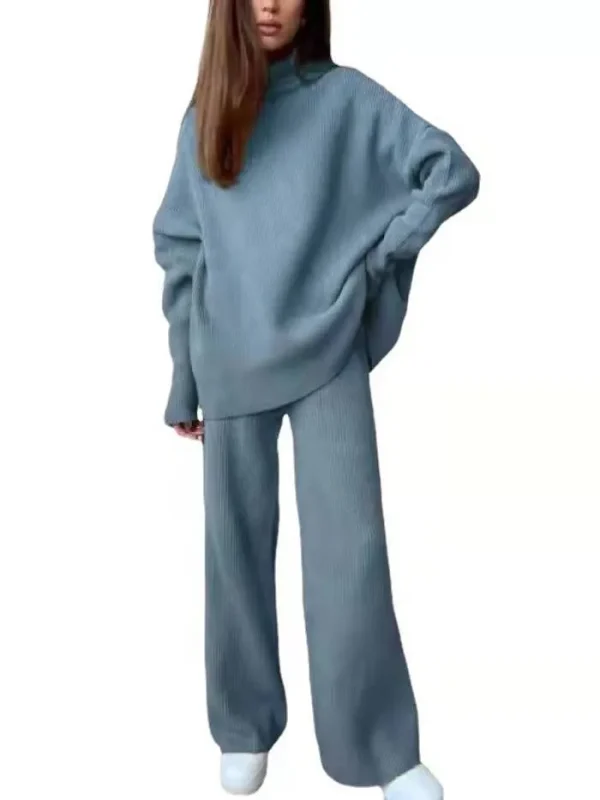 Women Fashion Loose Solid Color High Neck Knitted Long Sleeve Top Pants Two-Piece Set - Image 5