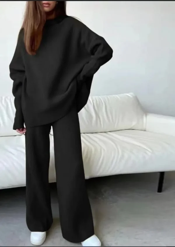 Women Fashion Loose Solid Color High Neck Knitted Long Sleeve Top Pants Two-Piece Set - Image 6