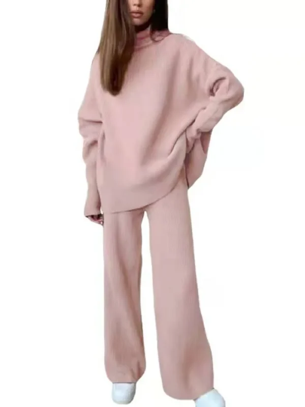 Women Fashion Loose Solid Color High Neck Knitted Long Sleeve Top Pants Two-Piece Set - Image 7
