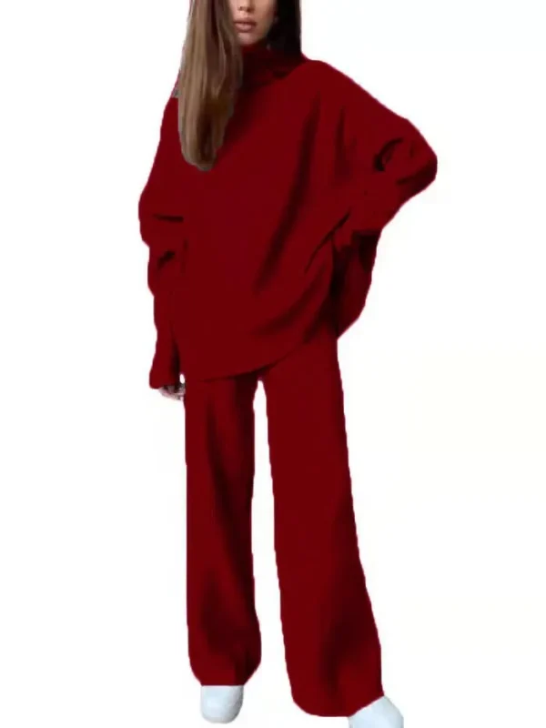 Women Fashion Loose Solid Color High Neck Knitted Long Sleeve Top Pants Two-Piece Set - Image 8