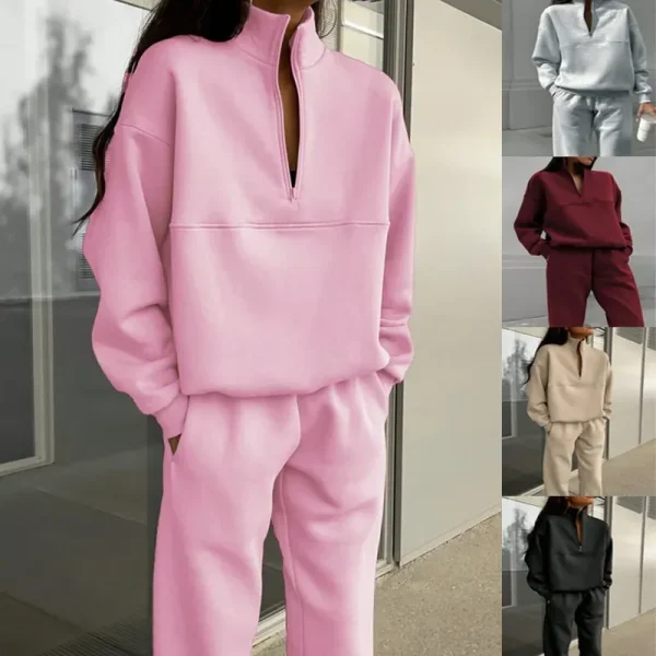 Autumn Winter Women Fashion Solid Color Zipper Lapel Long Sleeve Sweatshirt Pants Two-Piece Set - Image 2