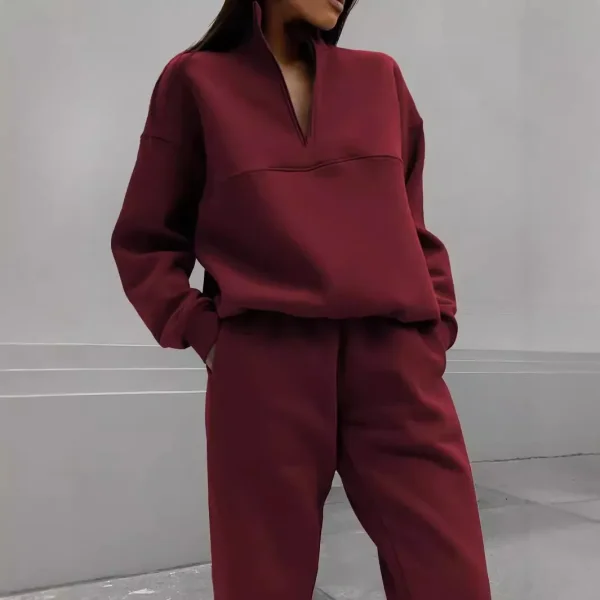 Autumn Winter Women Fashion Solid Color Zipper Lapel Long Sleeve Sweatshirt Pants Two-Piece Set - Image 3