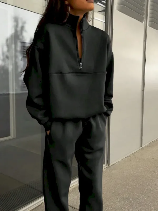 Autumn Winter Women Fashion Solid Color Zipper Lapel Long Sleeve Sweatshirt Pants Two-Piece Set - Image 4