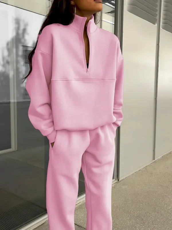 Autumn Winter Women Fashion Solid Color Zipper Lapel Long Sleeve Sweatshirt Pants Two-Piece Set - Image 5