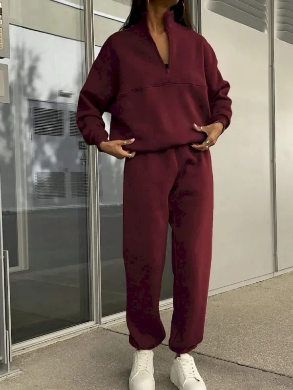 Autumn Winter Women Fashion Solid Color Zipper Lapel Long Sleeve Sweatshirt Pants Two-Piece Set - Image 6