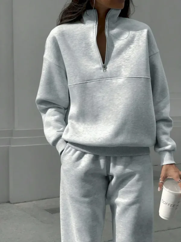 Autumn Winter Women Fashion Solid Color Zipper Lapel Long Sleeve Sweatshirt Pants Two-Piece Set - Image 7